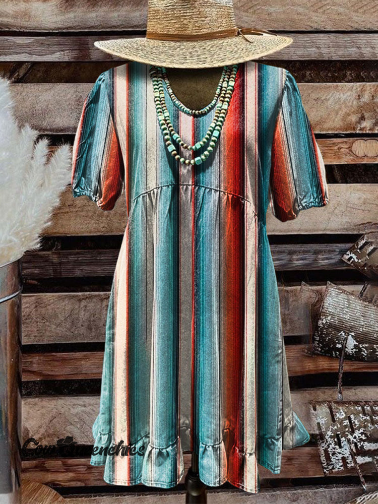 Women’s Vintage Western Art Print Pocket Cotton Dress Multicolor / S