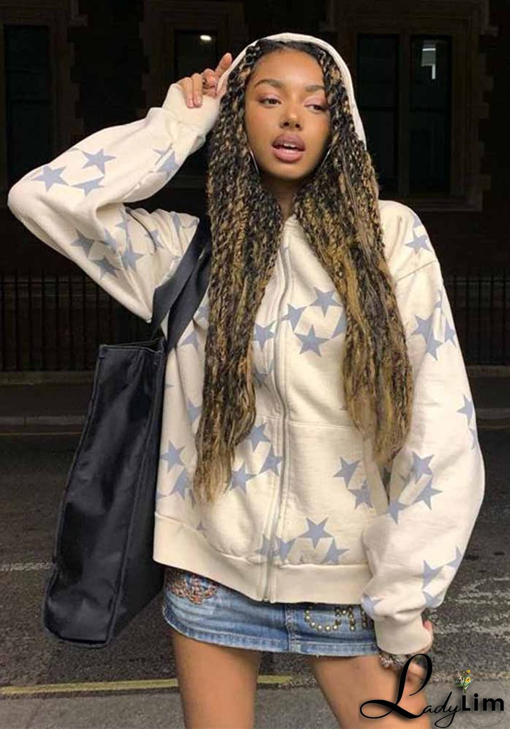 Women Star Print Zip Oversized Hoodies Jacket
