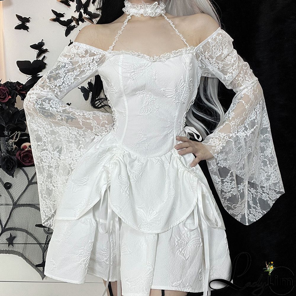 Fall Halter Neck Double Butterfly Lace Long Sleeve A-Line Swing Dress