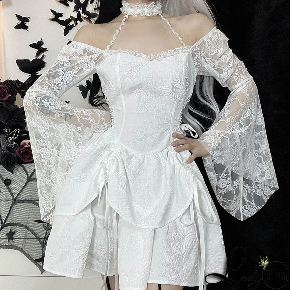 Fall Halter Neck Double Butterfly Lace Long Sleeve A-Line Swing Dress