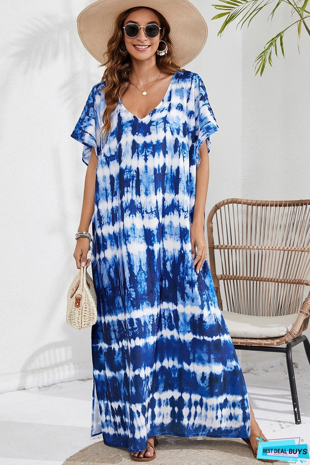 Slit Printed V-Neck Short Sleeve Cover Up