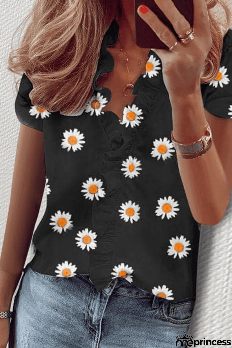 Daily Print Flounce V Neck Tops(10 colors)