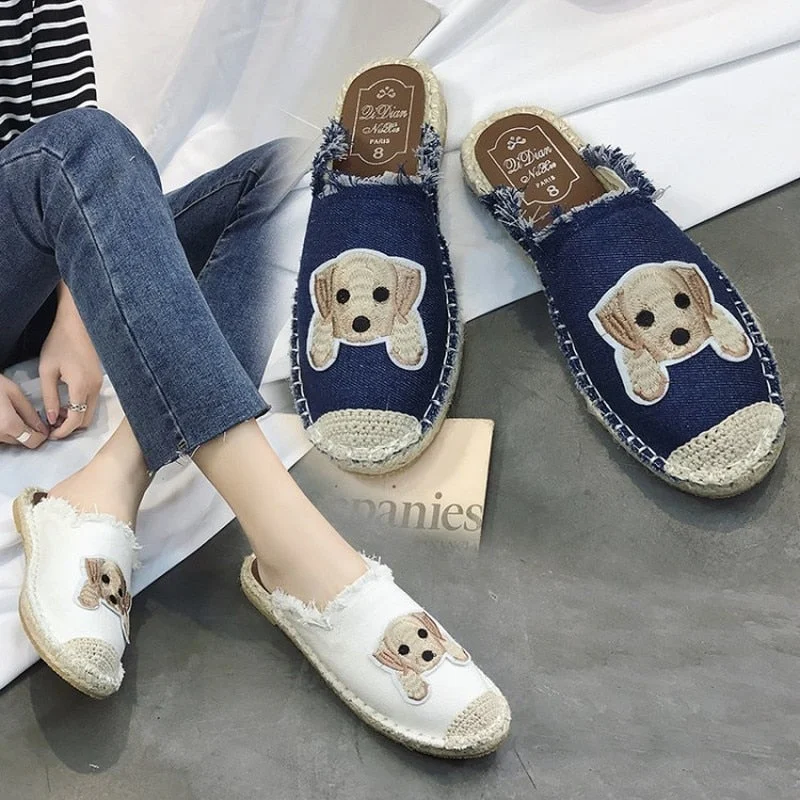 Sandals women 2021 flat toe cap shoes summer half-support women's shoes denim sneakers white cartoon cute slippers calzado mujer