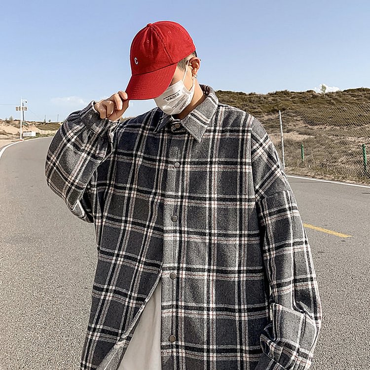 Autumn and Winter Large Size Men's Long Sleeve Shirt Casual Overshirt Youth Men's Clothing Men's Large Size Retro Sports Men Shacket