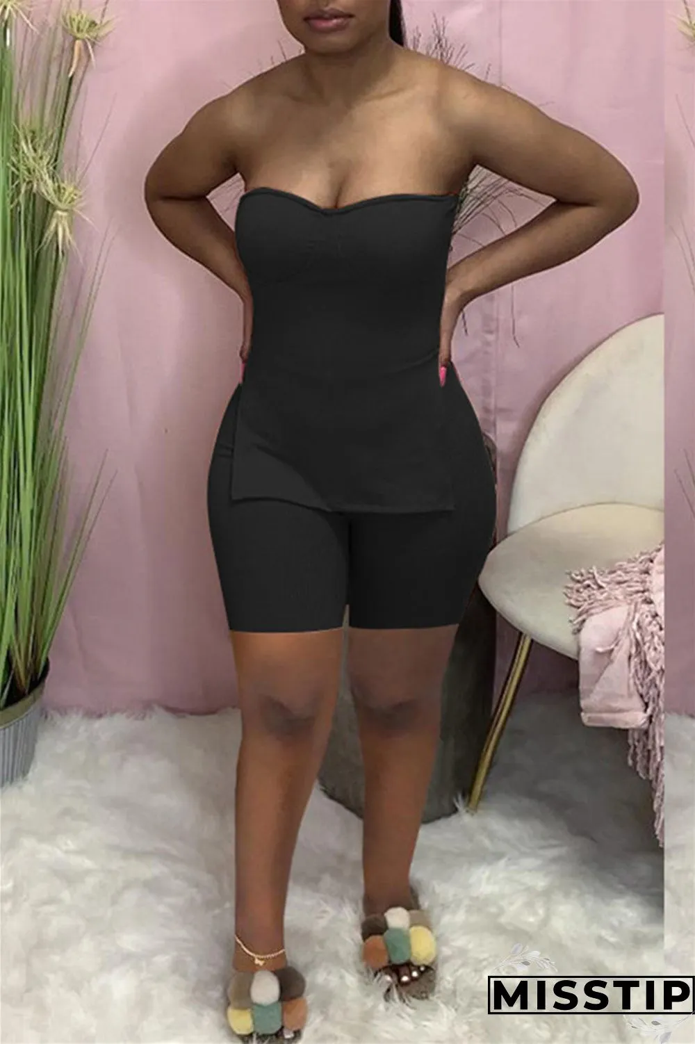 Coral Powder Sexy Casual Solid Backless Slit Strapless Sleeveless Two Pieces