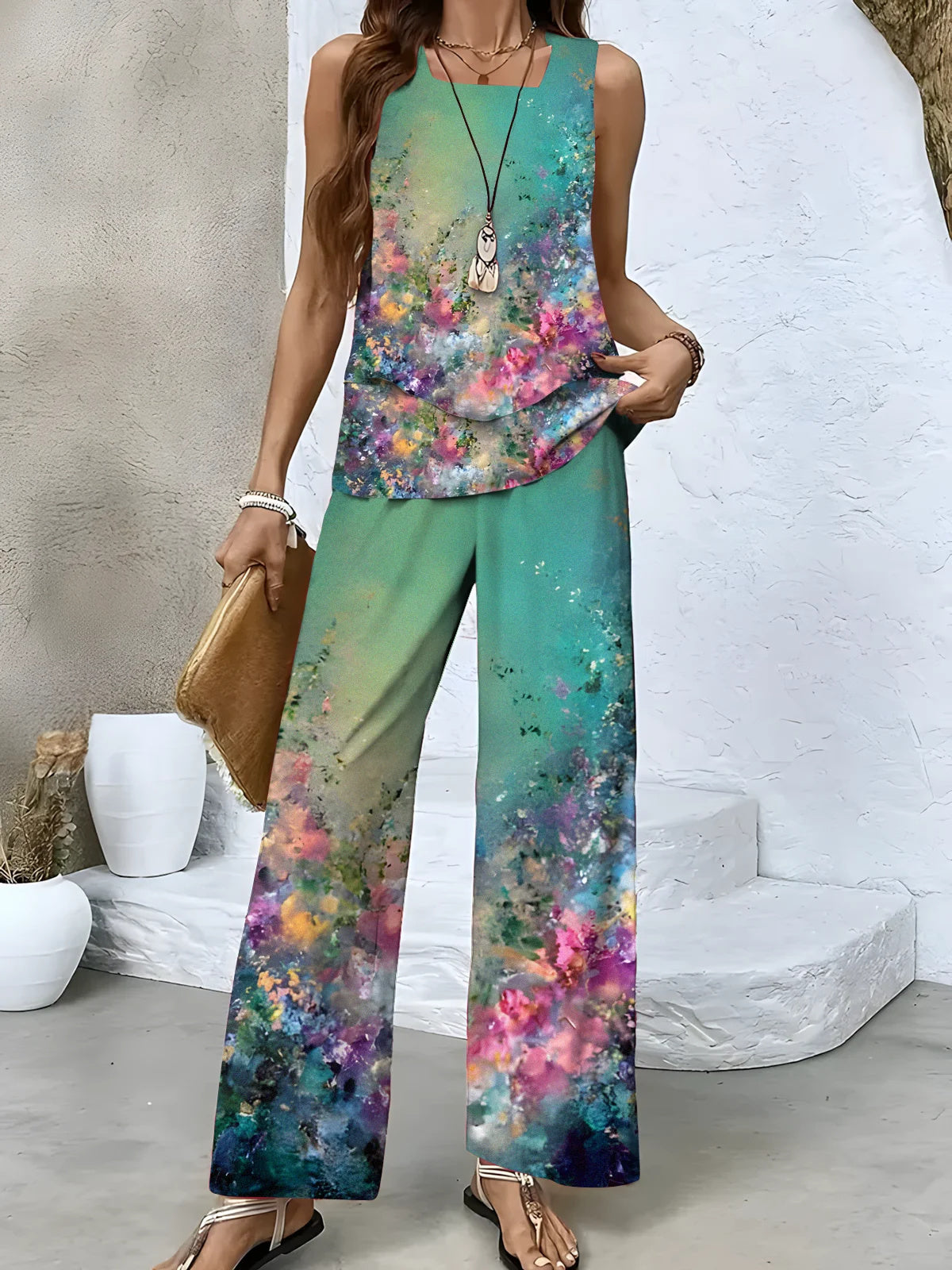 Women's Sleeveless Square Collar Floral Printed Casual Set