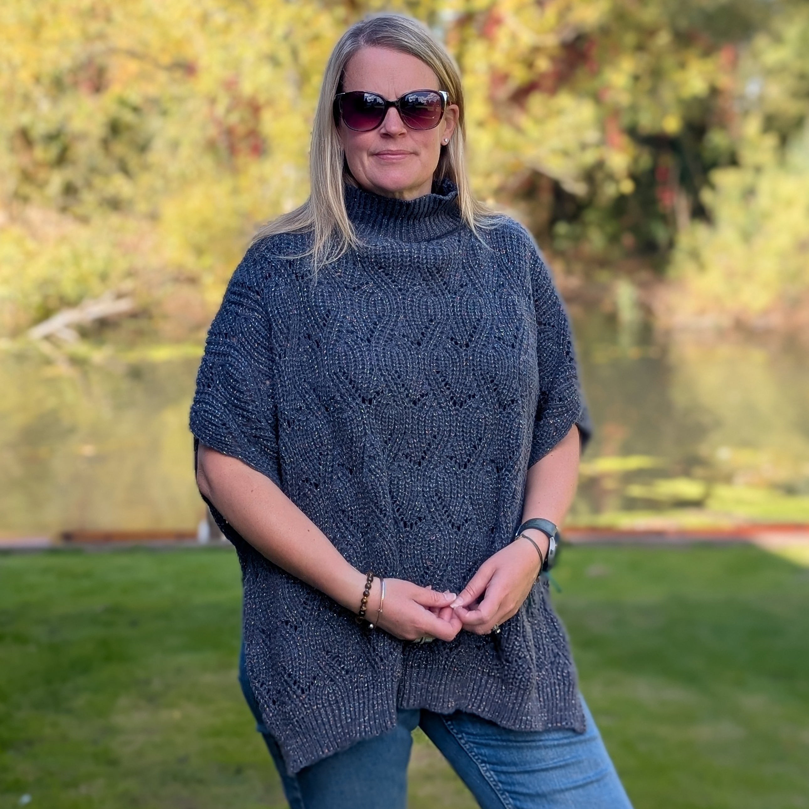 Merbuk - High Neck Jumper Style Poncho - Sparkly Grey