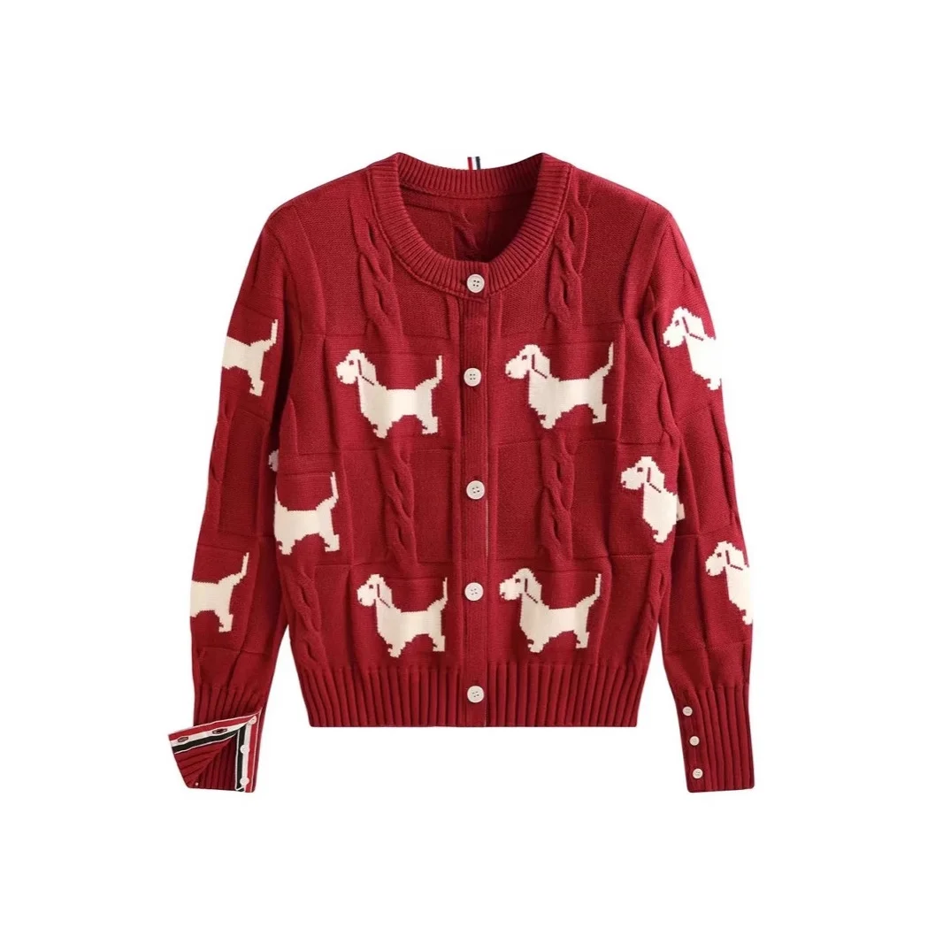 Nigikala Nigikala Spring And Autumn Women's Round-Neck Knitted Shirt Jacket Puppy Pattern Sweater Women Put On The Long Sleeve Design Sense