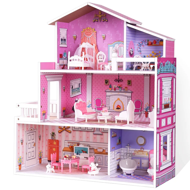 ROBUD Wooden Victoria Dollhouse Playset with 24 PCS Furniture, Pretend Play Toys Gift for Kids & Toddlers WDH03