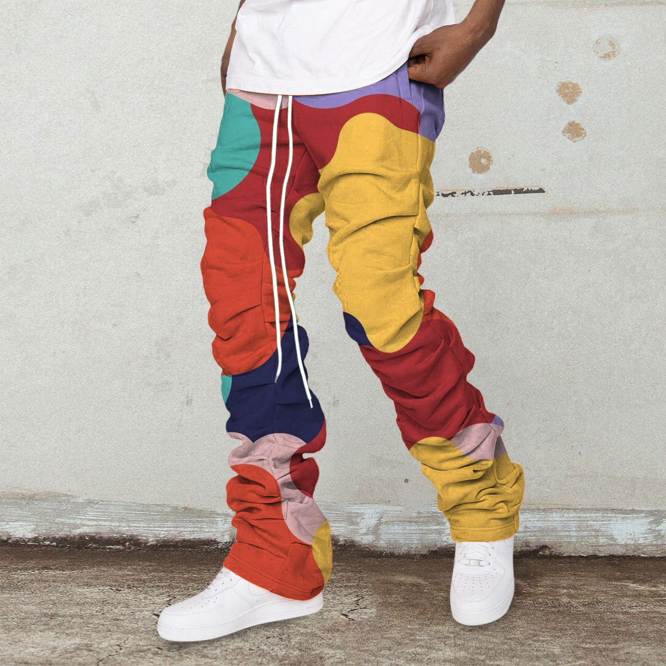 Retro Contrast Casual Print Stacked Trousers