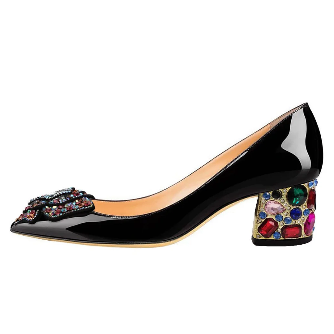 Patent Leather Pointed Colorful Rhinestone Butterfly Pumps in Black