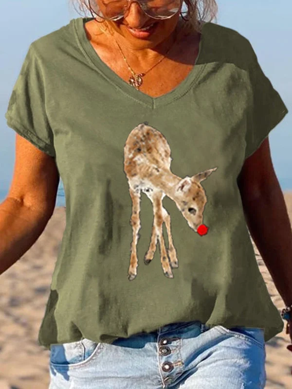 Short Sleeve Loose Reindeer Letter Printed T-shirt