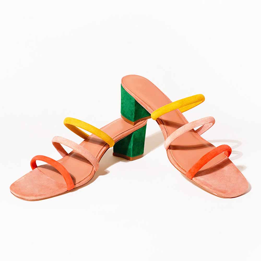 Multicolor Faux Suede Square Toe Block Heel Strappy Sandals Nicepairs