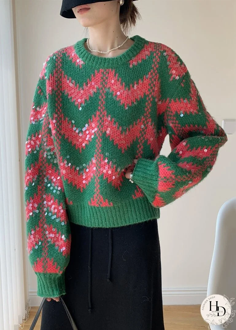 Women Green O Neck Sequins Patchwork Knit Sweaters Winter