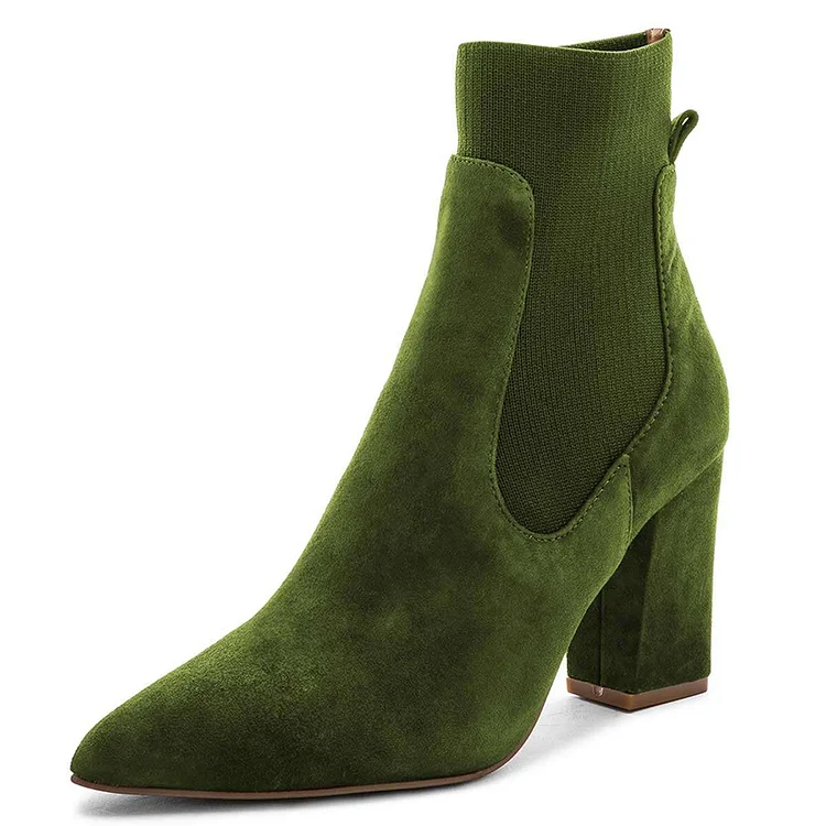 Green Vegan Suede Chelsea Boots Chunky Heel Ankle Boots |FSJ Shoes