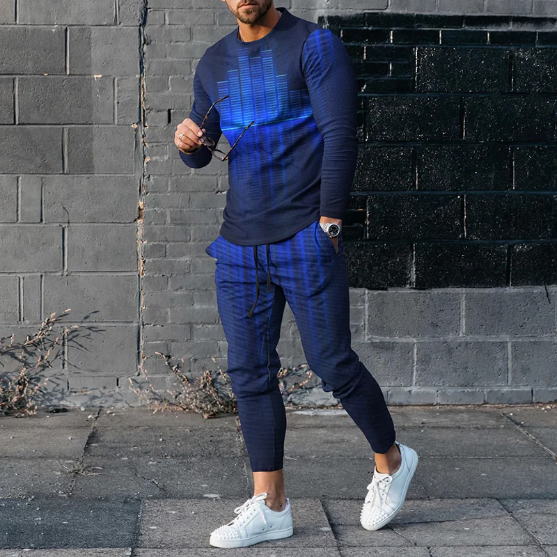Fashion Men's Geometric Gradient Casual Long Sleeve T-Shirt And Pants Co-Ord