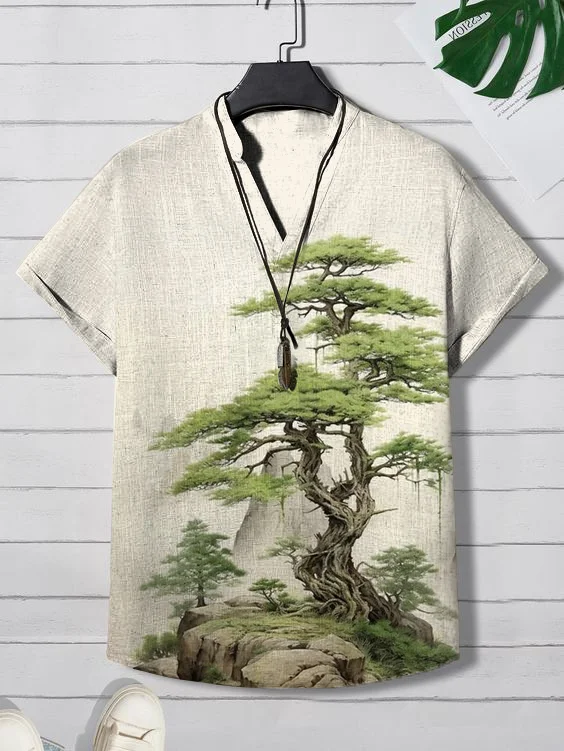Men's Japan Bonsai Landscape Ink Painting Print V-neck Cotton Shirt