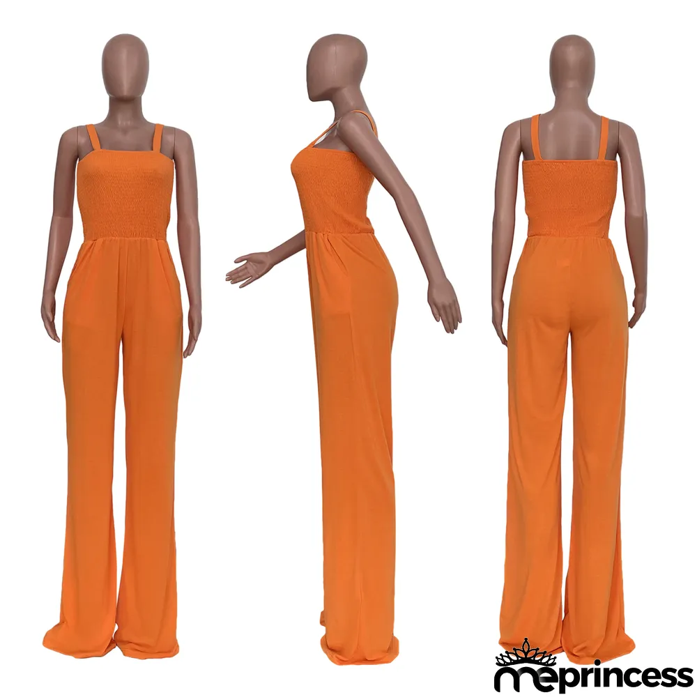 Women'S Solid Casual Strap Sleeveless Wide Leg Jumpsuit