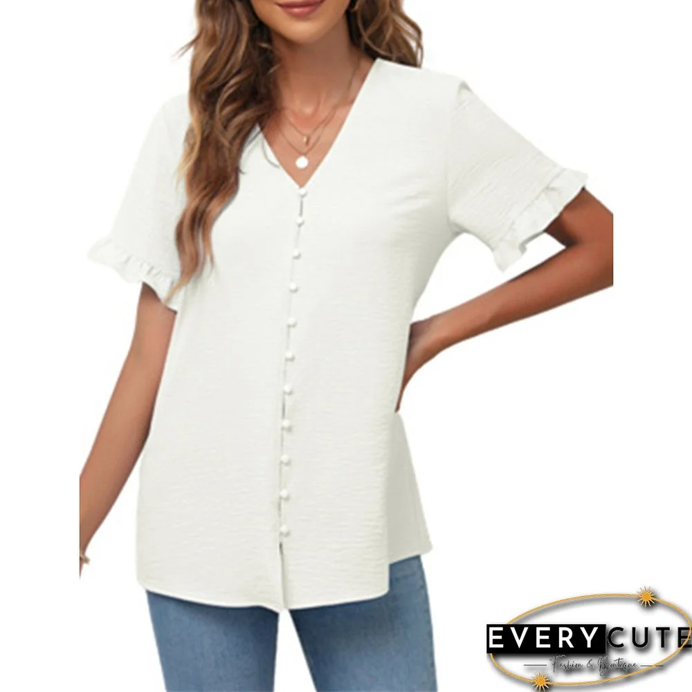 White V-neck Button Ruffle Short Sleeves Top