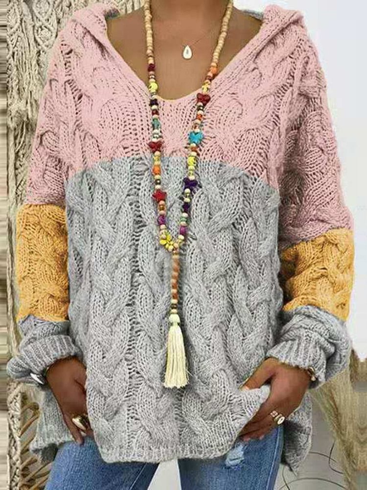 Women's V-Neck Long Sleeve Loose Patchwork Knit Top