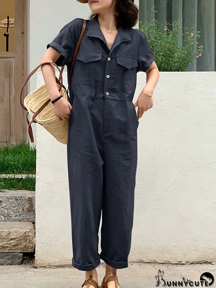 Solid Belt Pocket Button Front Lapel Short Sleeve Jumpsuit