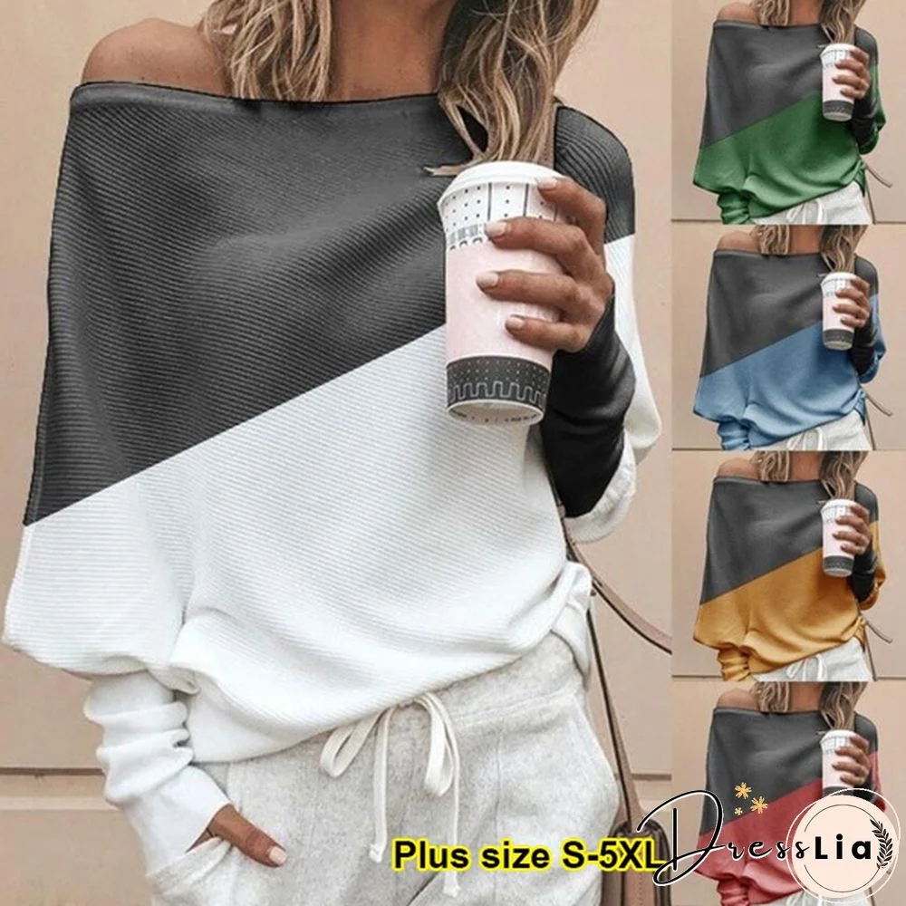 Fashion Women's Sweater Stitching Off-Shoulder Knit Long Sleeve T-Shirt Top Plus Size S-5XL