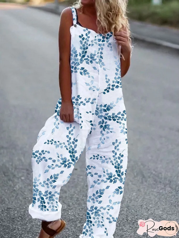 Women Casual Leaf Autumn Square Neck Loose Polyester Fiber Sleeveless Cami Regular Size Jumpsuit & Romper