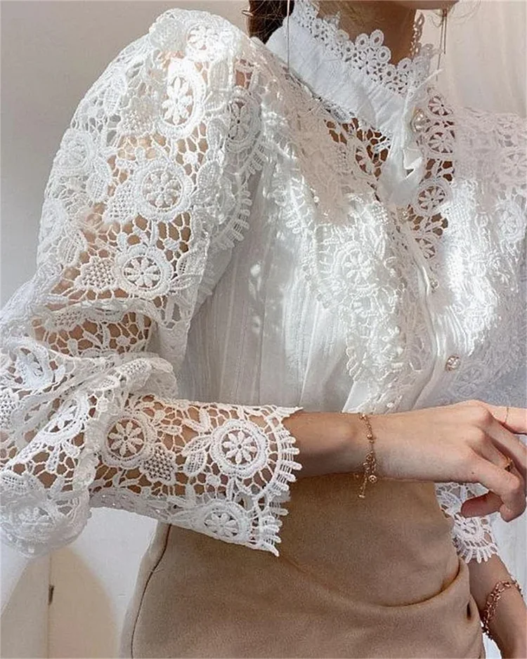 Vacation Lace Hollow Out Solid Blouse Shirt
