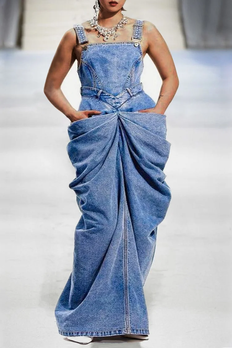 Plus Size Daily Dress Blue Bow Overalls Fold Denim Maxi Dress [Pre-Order]