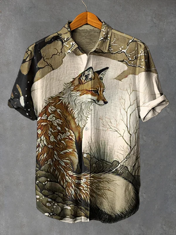 Men's Fox Pattern Japanese Art Print Short Sleeve Shirt