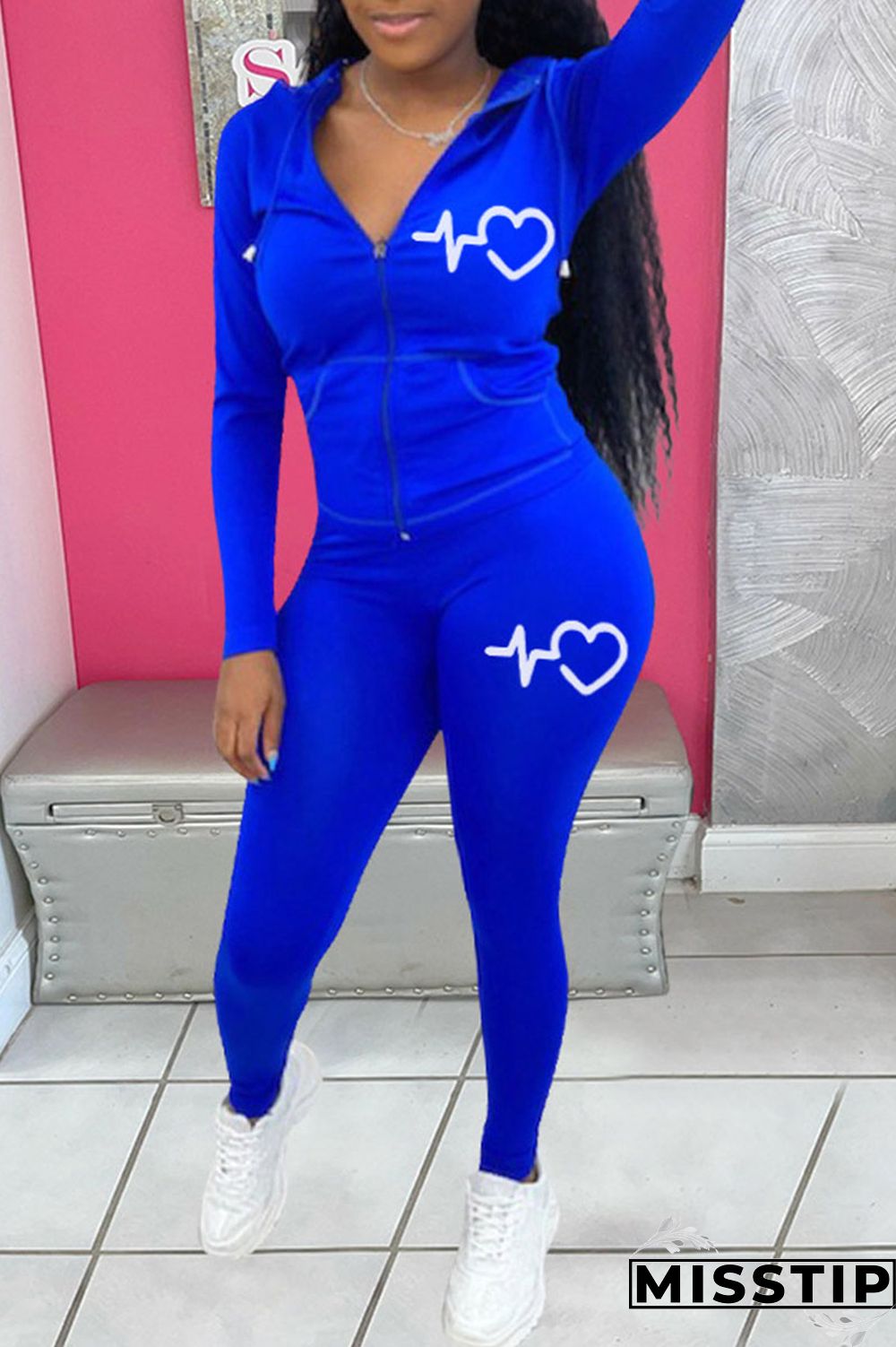 Pink Casual Print Patchwork Hooded Collar Long Sleeve Two Pieces