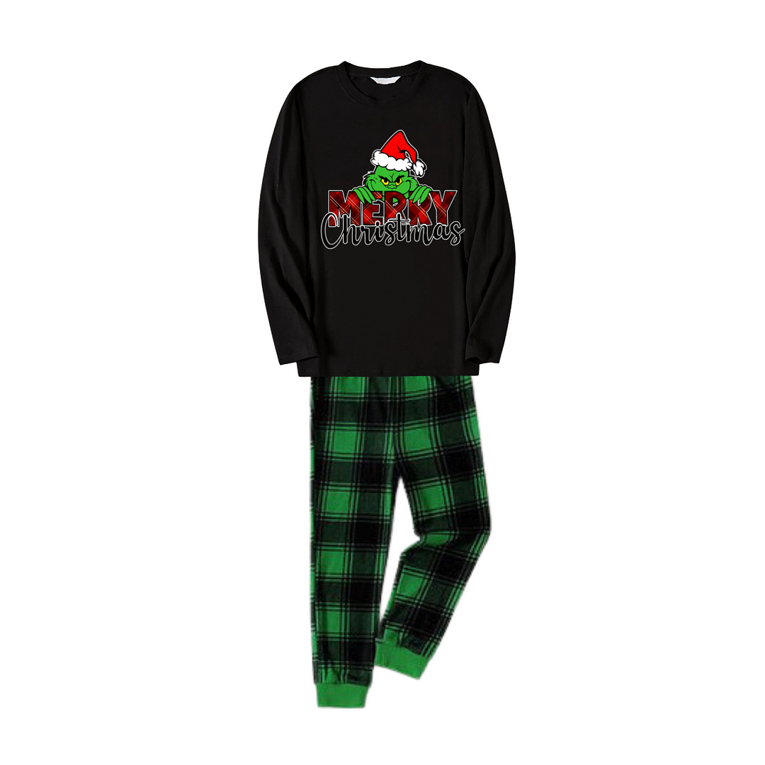 Christmas Cartoon Pattern and "Merry Christmas" Print Black Long Sleeve Top with Green and Black Plaid Family Matching Pajamas