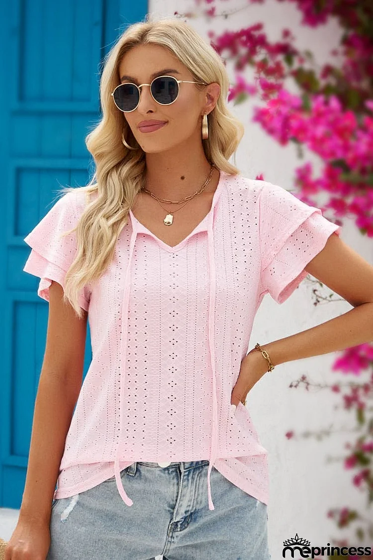 Eyelet Tie-Neck Flutter Sleeve Blouse