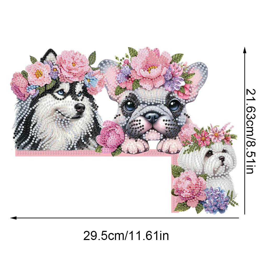 Dog Flowers 5D DIY Wooden Diamond Painting Door Topper for Party (Right)