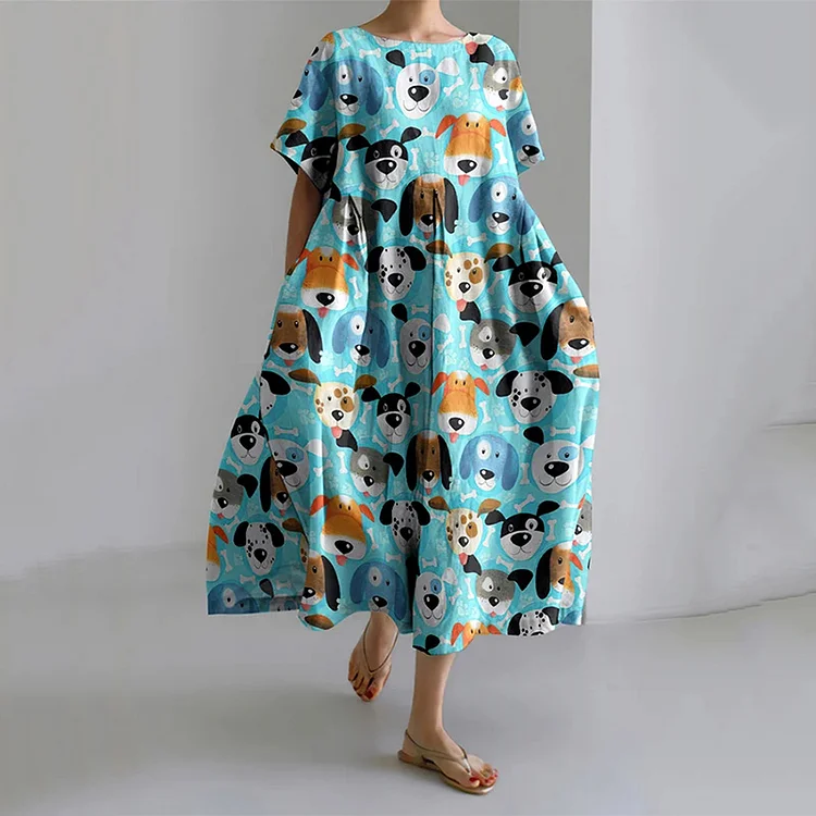 Women'S Funny Dog ​​Print Short Sleeve Linen Blend Midi Dress