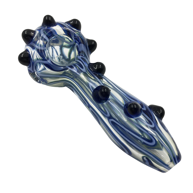 Fumed Inside-Out Double Blue Stripe Frit Spoon Pipe