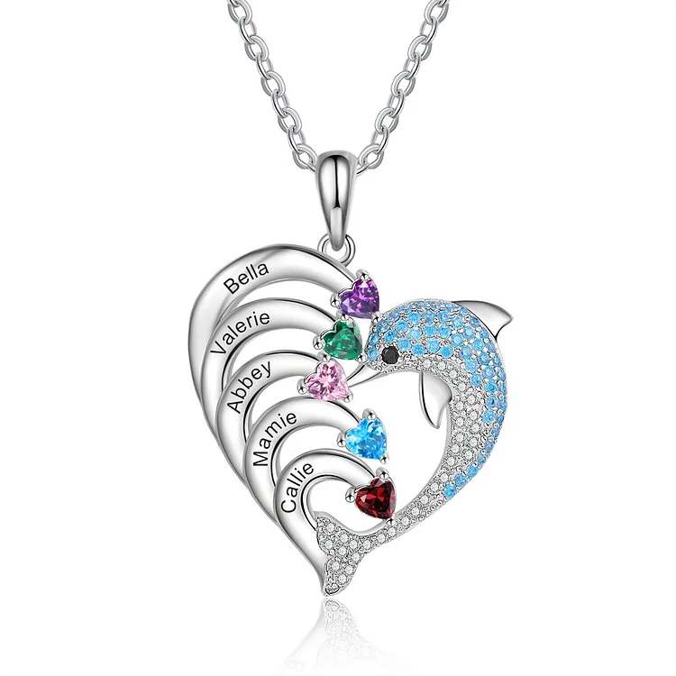 Personalized Heart Dolphin Necklace 5 Birthstones Necklace For Her