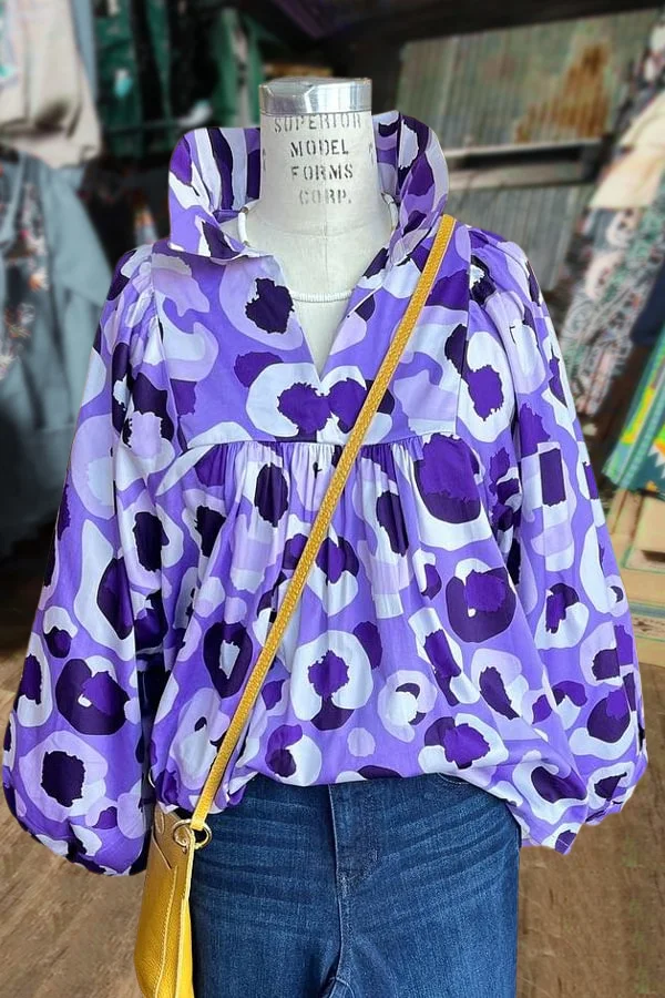 Colorful Abstract Print High Neck Bubble Sleeve Top
