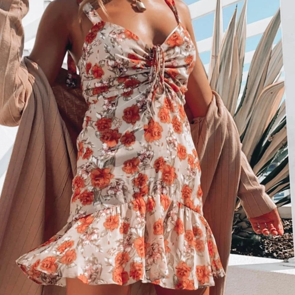 Spaghetti Strap Drawstring Dress Women Summer Floral Print Sleeveless Casual Beach Dress Female V Neck  Mini Ruffle Vestidos