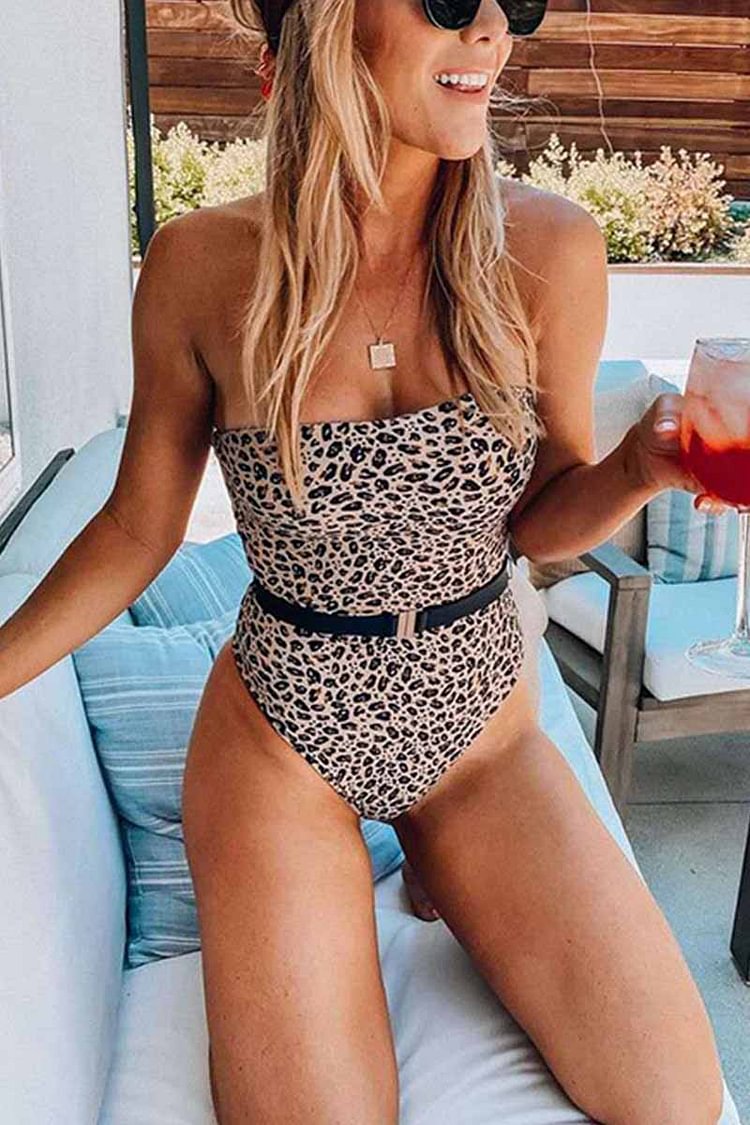 Leopard Print Tube Top One-Piece Swimsuit