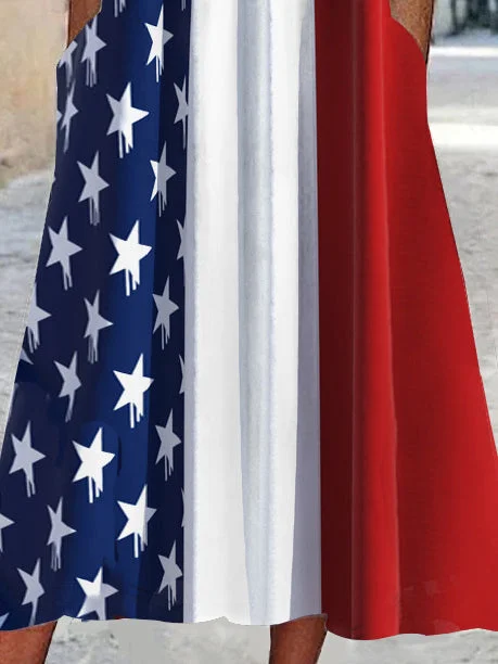 Women's Short Sleeve Square Collar Independence Day Graphic Printed Lace Stitching Midi Dress