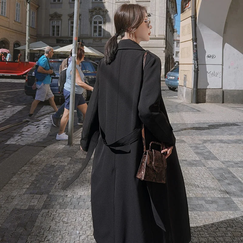 Brand New Fashion Long Black Trench Coat for Women with Belt Waterproof Duster Coat Cloak Lady Female Outerwear Spring Autumn