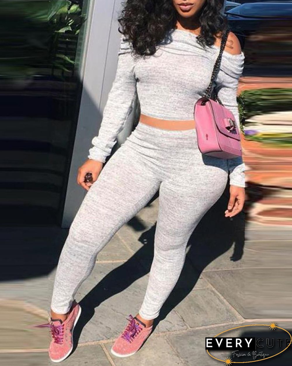 Off Shoulder Long Sleeve Crop Top & Skinny Pants Set P13624