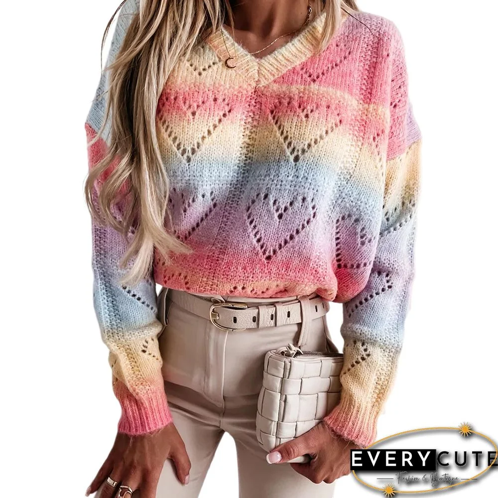 Multicolor Rainbow V Neck Knitted Pullover Sweater