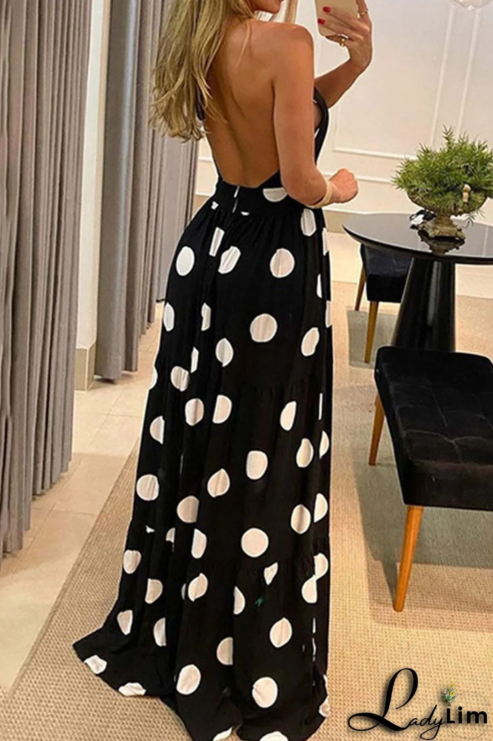Green Casual Sweet Print Polka Dot Patchwork Backless Halter Straight Dresses