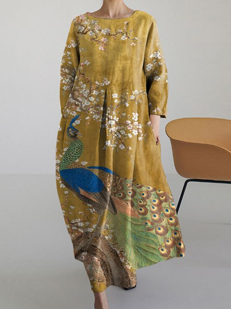 Comstylish Japanese Vintage Floral Peacock Art Long Sleeve Midi Dress