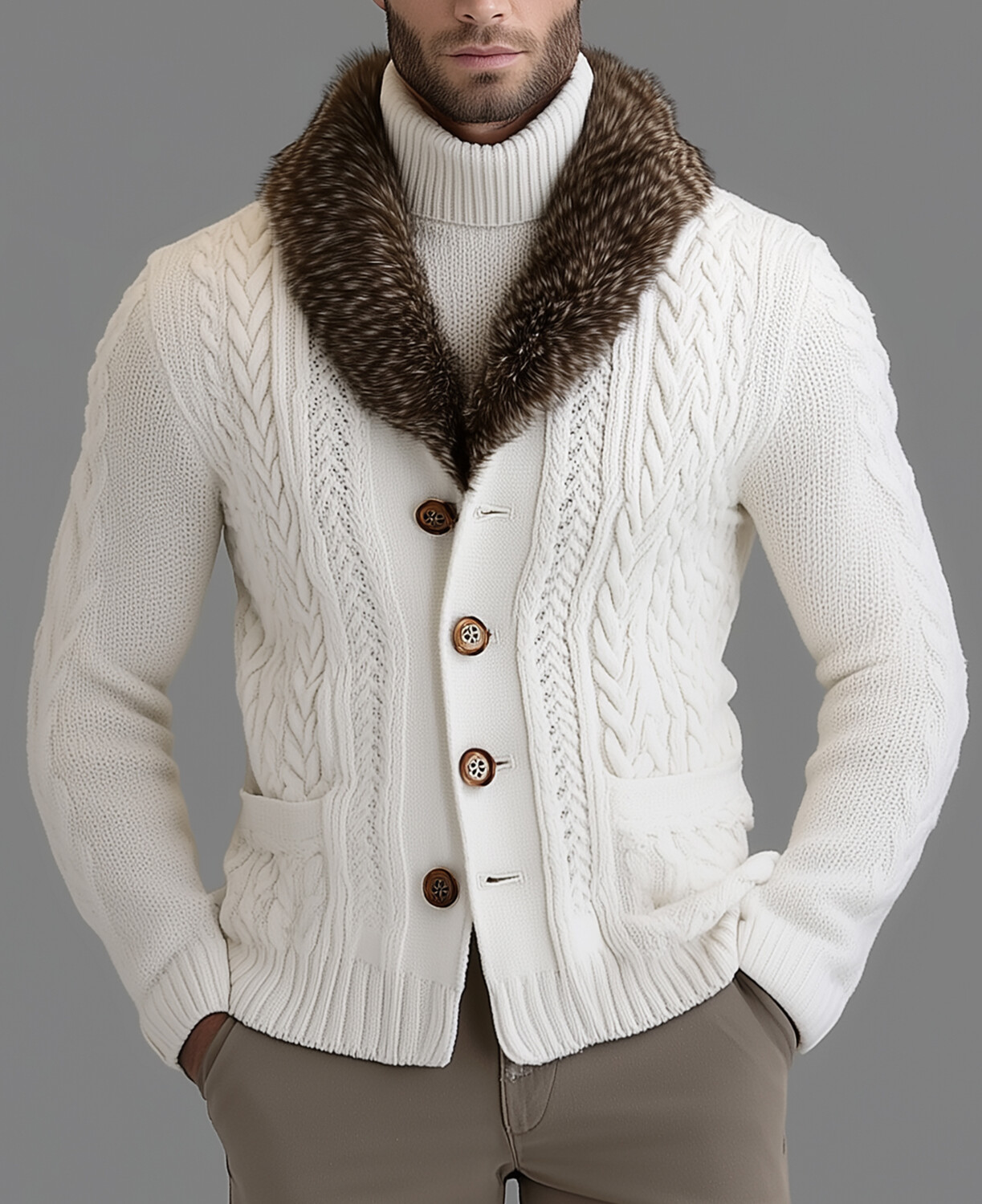 Okaywear Plush Shawl Lapel Button Pocket Knit Sweater