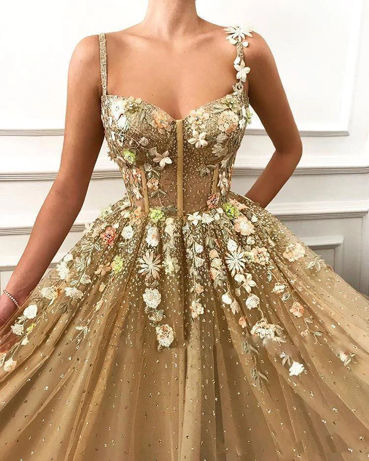 Gold Tulle 3D Flowers Long Prom/Evening Dress with Lace Applique