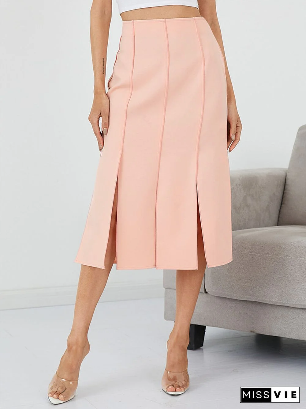 Solid Slit Contrast Stitch High Waist Midi Skirt for Women