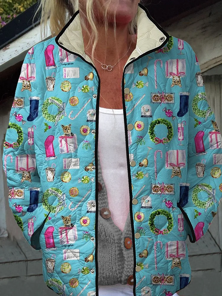 Women's Vintage Christmas Art Print Casual Quilted Jacket